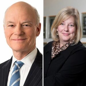 Headshots of Dean William C. Hubbard and Professor Carol S. Steiker side by side. 