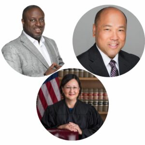 Three circles, from top left, clockwise: Juan R. Thomas, Judge Benes Z. Aldana, Judge Dolly Gee