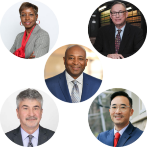 Indiana Diversity in Law Fellows Awardees - five circles, one in each corner and one in the middle, from top left clockwise: Shelice Tolbert, G. Michael Witte, Professor David H.K. Nguyen, Judge Steven H. David. Center: Norris Cunningham